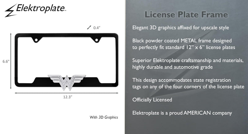 Elektroplate 3D Wonder Woman Premium License Plate Frame Black Open Corners | Officially Licensed DC Comics, Weatherproof Powder Coated Metal, Classic WW Superhero Logo, Standard 12" x 6" Fit Black (Open Corners)