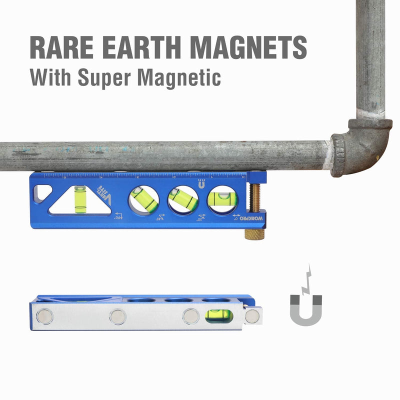 WORKPRO Torpedo Level, Magnetic, Verti. Site 4 Vial for Conduit Bending, Aluminum Alloy Construction, 6-1/2 inch