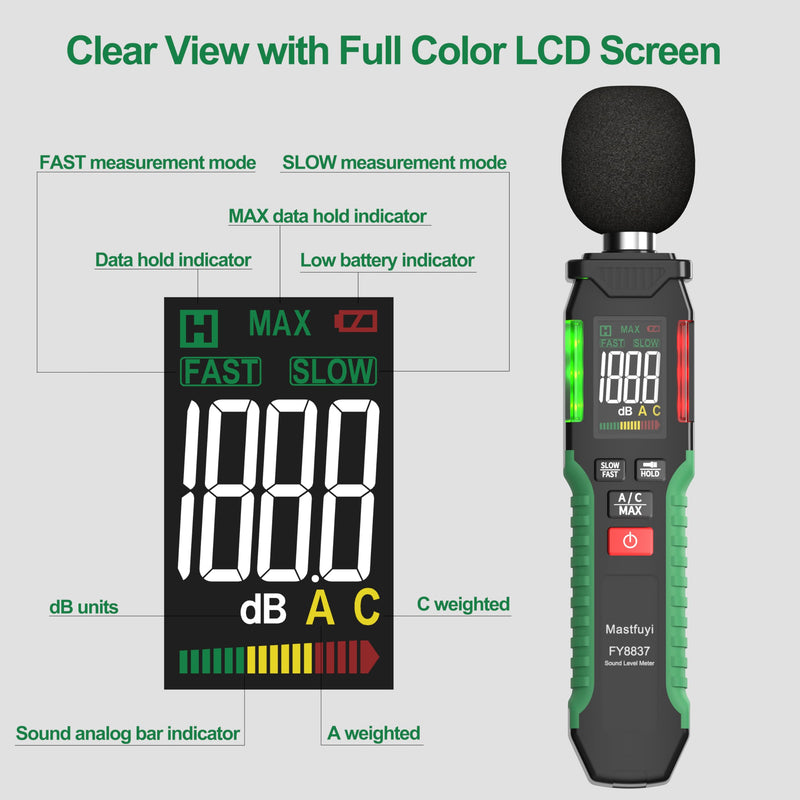 [Australia - AusPower] - Decibel Meter, Sound Level Meter 30-130 dB with A/C Weighted, Digital Audio Noise Measure Device, Portable SPL Meter with LCD Color Display, Data Hold, MAX Hold, Flashlight for Home Office Black 