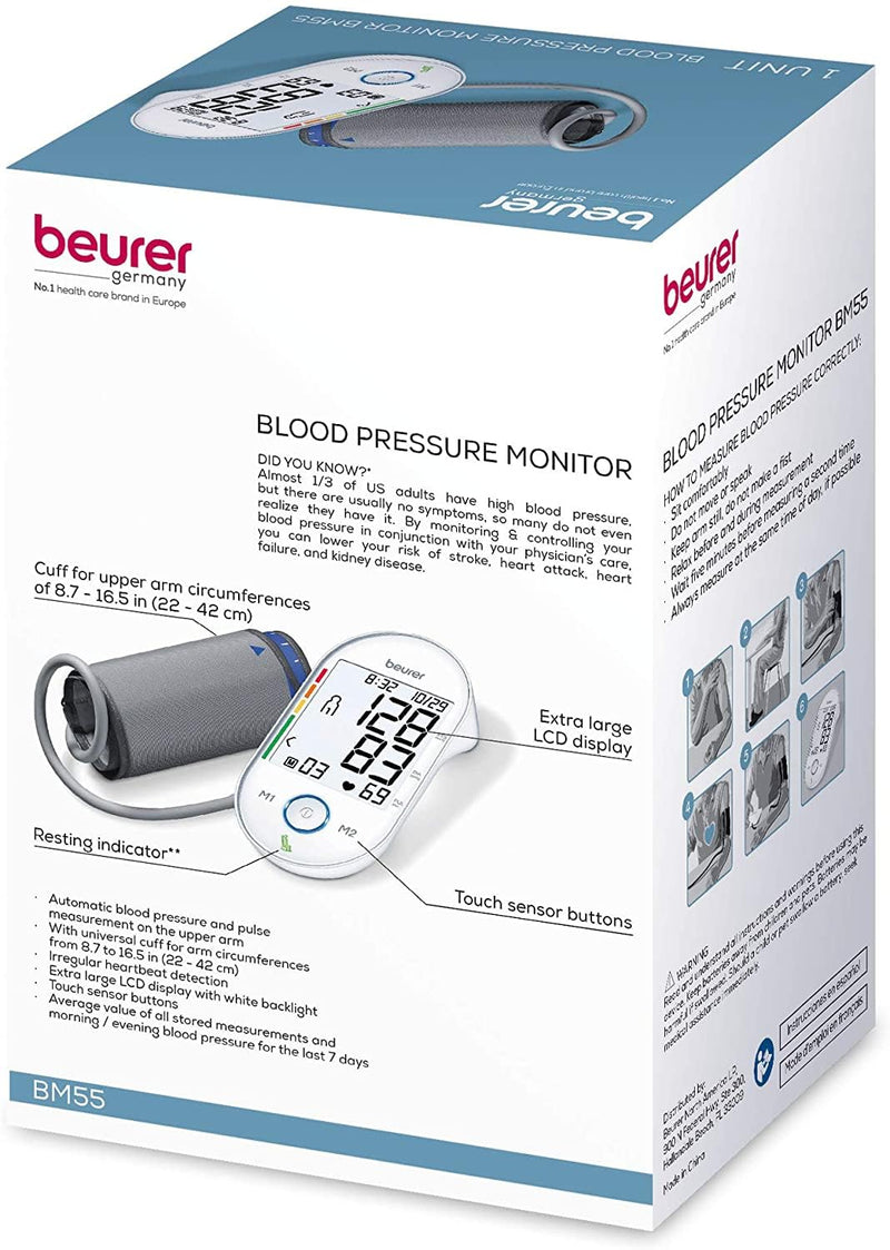 [Australia - AusPower] - Beurer BM55 Blood Pressure Machine  XL Backlit Display, Arrhythmia Alarm, Portable Storage Kit, 2 Users, Automatic Blood Pressure Cuff, Resting Indicator  Blood Pressure Monitor Batteries Included BM55 - Premium XL Backlit Display 