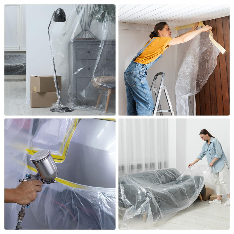 HARFINGTON Pre-Taped Masking Film 157.5" x65.6ft Double Adhesive Tape and Drape Painters Plastic Drop Cloth Film with Tape Plastic Sheeting for Automotive Painting Covering 157.5"x65.6ft 1