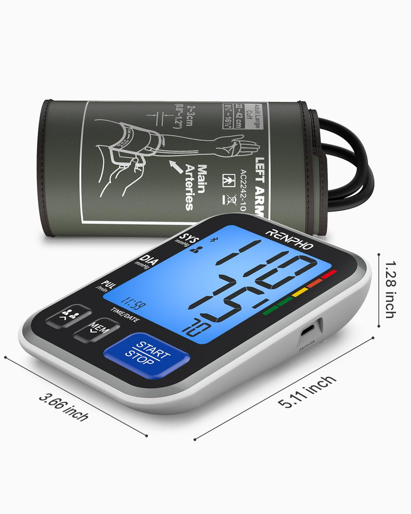 [Australia - AusPower] - RENPHO FSA HSA Eligible Blood Pressure Monitor for Home Use, Bluetooth Smart BP Machine with Wide Range Cuff for Large Size Adult Arms, Muti-User, Data Storage, Family Supplies 
