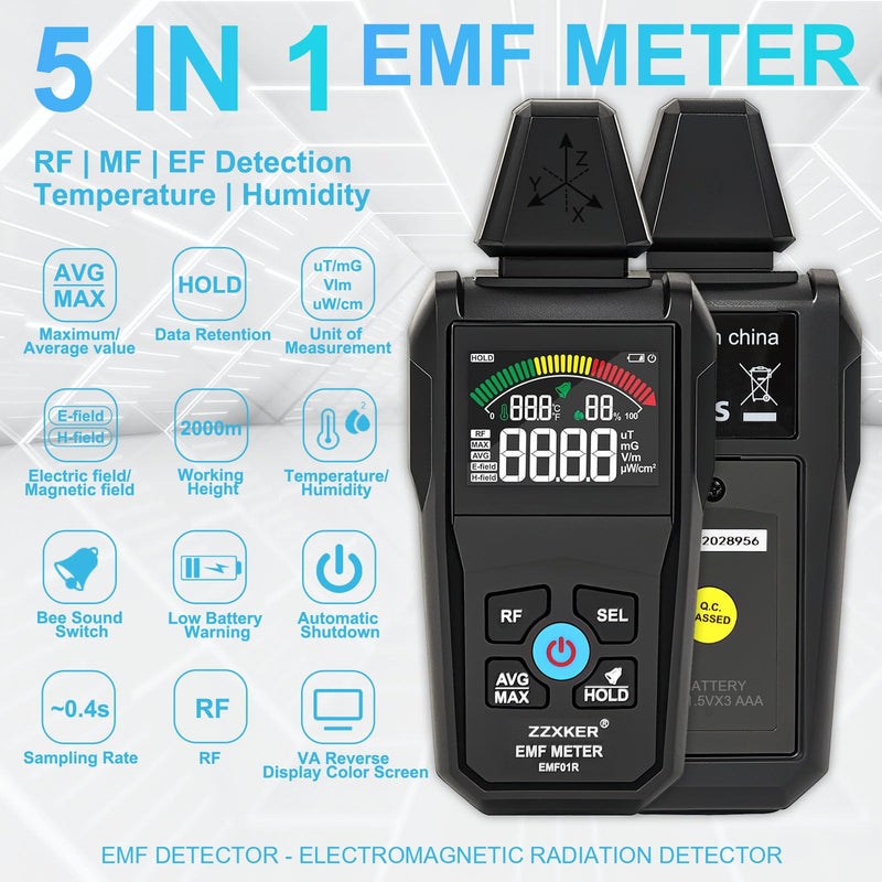 [Australia - AusPower] - EMF Meter Radiation Detector,5-in-1 EMF Detector,Magnetic Field & Radio Frequency Detector for EF MF RF Temperature Humidity,EMF Reader for Home,Office EMF Inspections and Ghost Hunting 