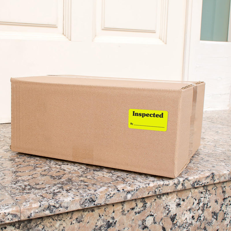 SmartSign Inspected by Write-On Labels in Dispenser Box - Pack of 1000, 2.5" x 1.25", Black on Fluorescent Yellow, Paper Stickers with Permanent Adhesive