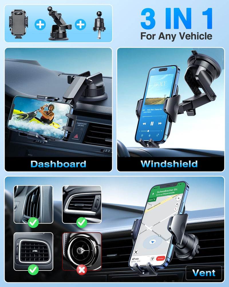 [Australia - AusPower] - [True Military-Grade] Car Phone Holder VANMASS [2024 Strongest Suction & Clip] Cell Phone Mount for Dashboard Windshield Vent Truck Accessories Cradle Dash Stand for iPhone 15 Pro Max 14 13 12 Android Black 