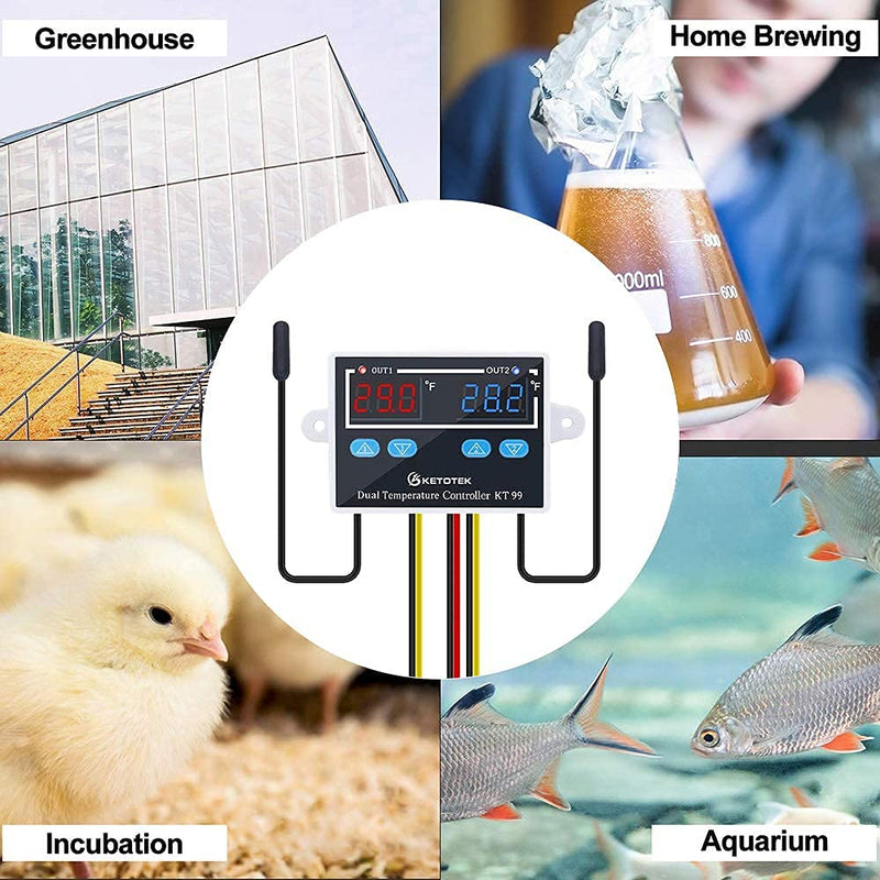 [Australia - AusPower] - KETOTEK KT99 Temperature Controller 120V 10A Digital Thermostat Regulator Switch Dual 1.5m Waterproof Probe for Heater Cooler Fahrenheit Display Aquarium 