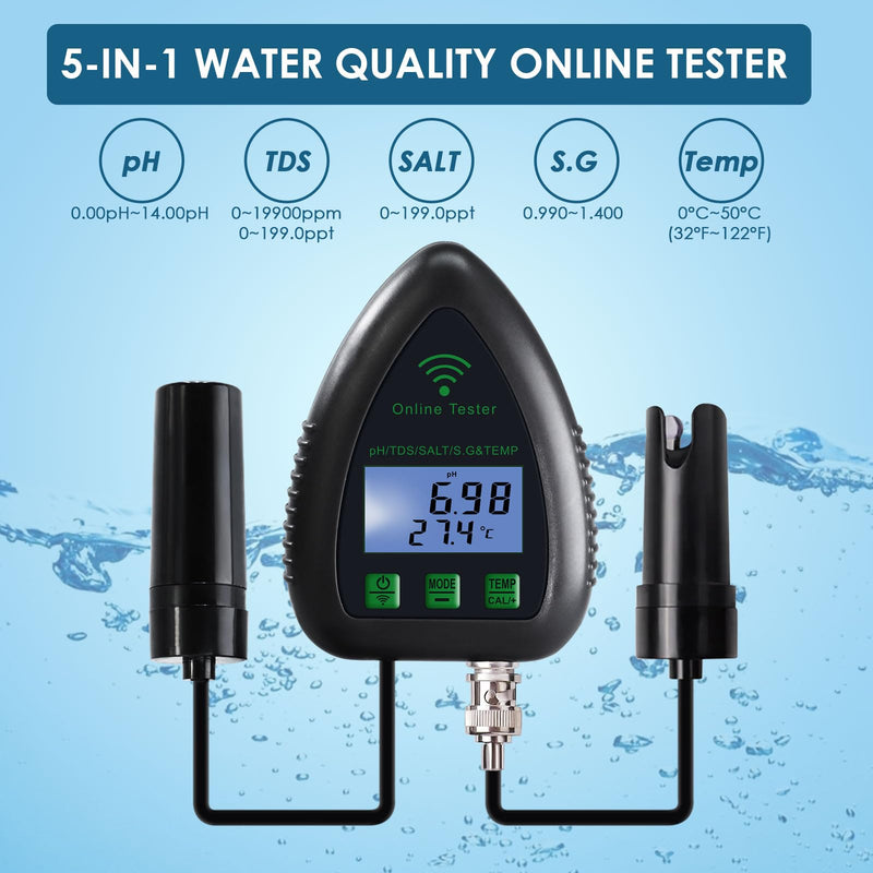 [Australia - AusPower] - Online APP Monitoring WiFi Water Quality Tester pH/TDS/Salt/S.G/Temperature for Aquarium Hydroponics Pool Aquaculture with Easy Calibration 