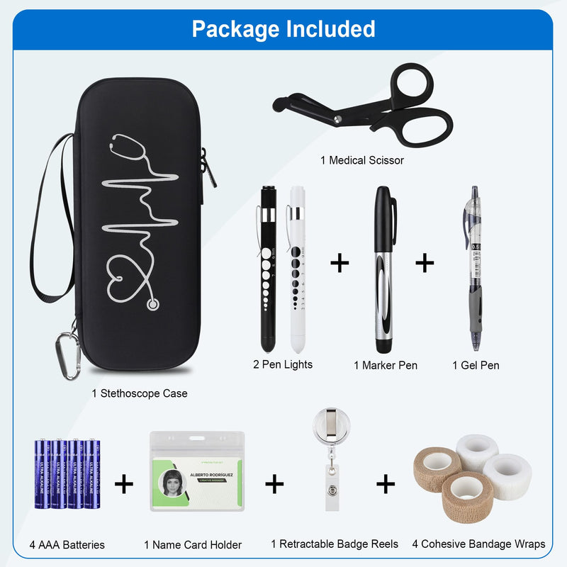 [Australia - AusPower] - BOVKE Stethoscope Case Set Nurse Tool Kits Carrying Bag Case with Medical Supplies, Black+Black 