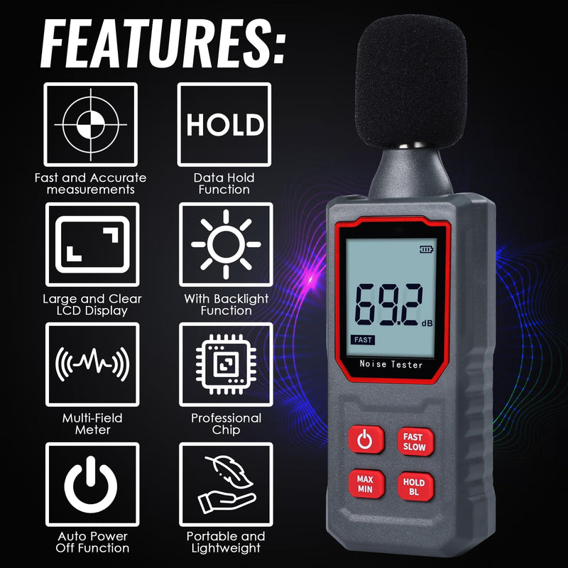 [Australia - AusPower] - Decibel Meter, Digital Sound Level Meter 30-130 dB Portable SPL Meter Noise Tester with LCD Backlight Fast/Slow Mode, Sound Decibel Meter for Home Factories 