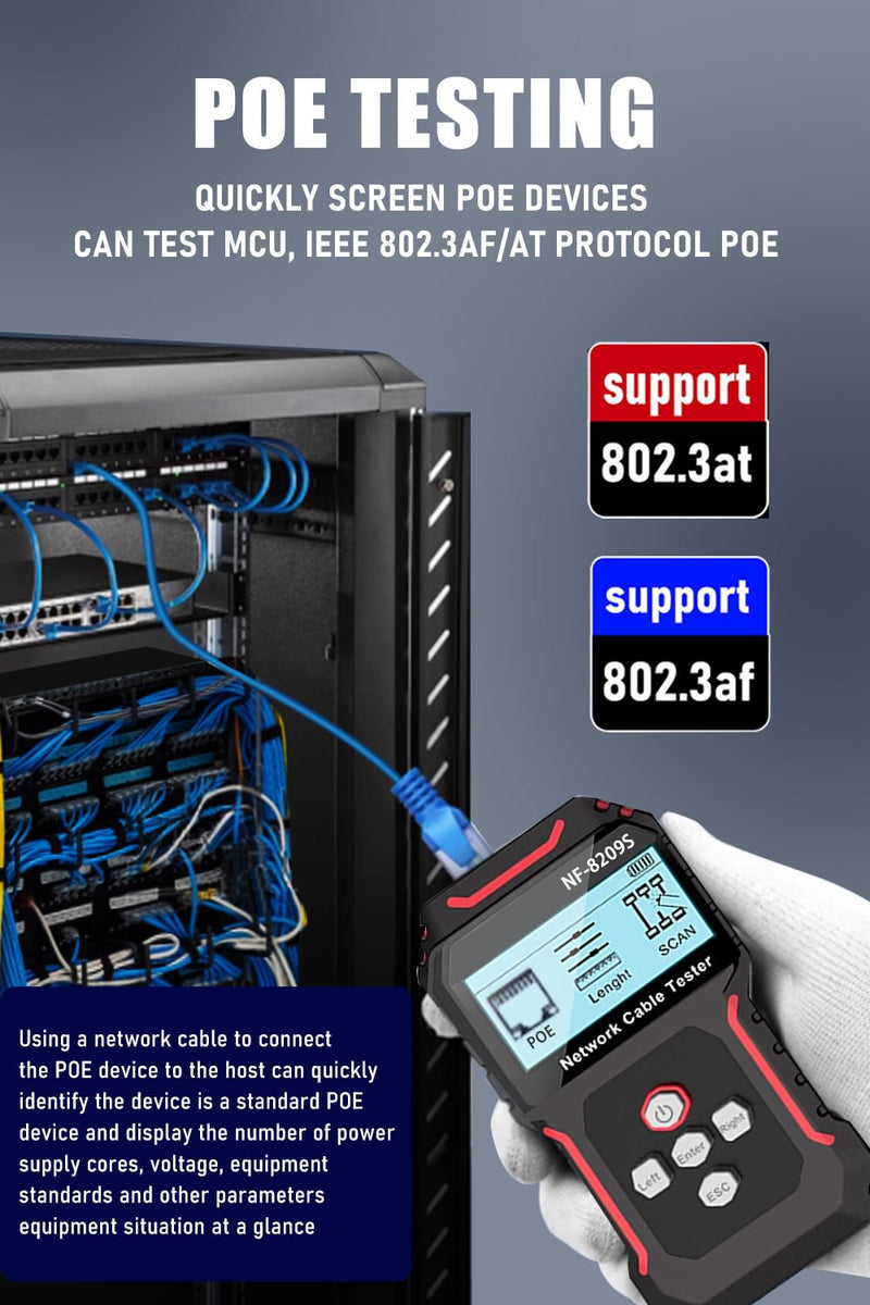 [Australia - AusPower] - NF-8209S RJ45 Network Cable Tester Ethernet Tester with PoE/NCV Cable Length Test, Port Flashing, CAT5, CAT6, CAT7 and CAT6a Anti-Interference Scanner LAN Line Tracer Network Toner Tool 