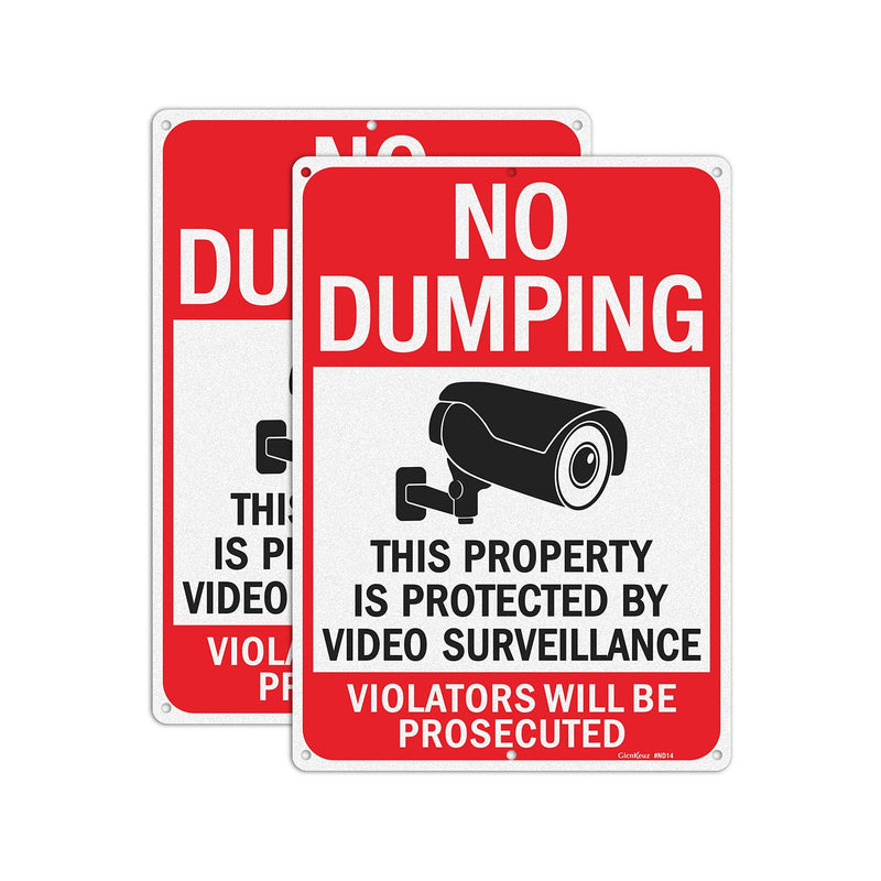 GicnKeuz Large No Dumping signs, 14x10 Inches Property Protected by Video Surveillance signs, Reflective Aluminum, Fade Resistant/Waterproof, Indoor or Outdoor Use (2-Pack) 2 Pack