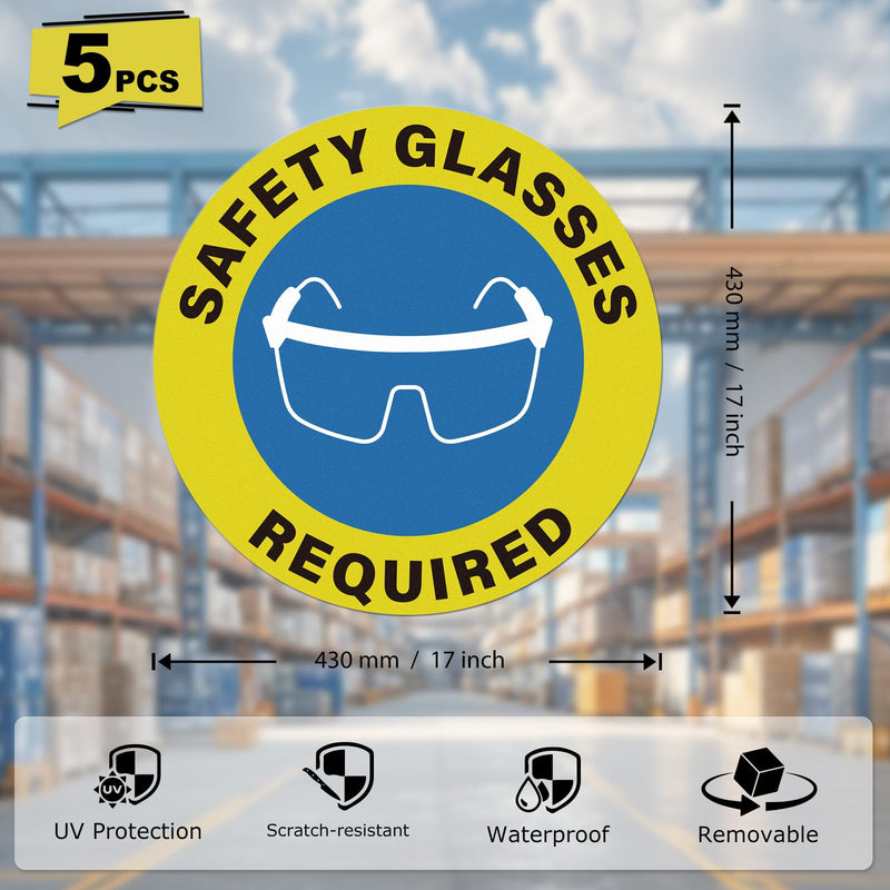 5 Pack Safety Glasses Required Sticker 17 × 17 Inches Eyes Protection Caution Warning Safety Sign Self Adhesive Vinyl Waterproof Signage for Factory Warehouse Workplace