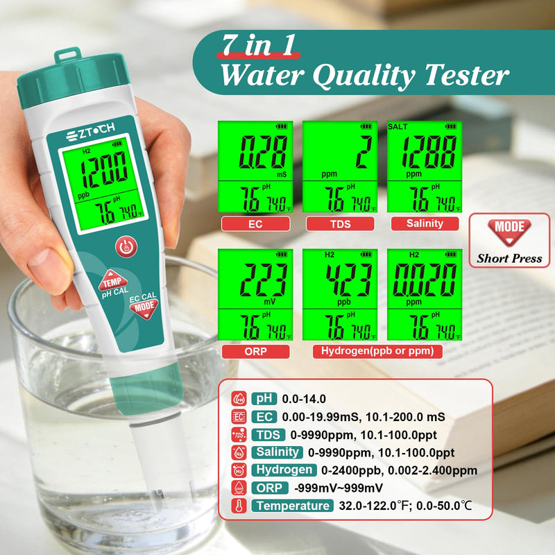 Pool Salinity pH Tester Hydrogen Water Tester, 7 in 1 pH Salt ORP H2 TDS EC Temp Meter for Salt Water Pool, Hydrogen TDS PPM Tester for Drinking Water, pH EC ORP Meter for Hydroponic Water