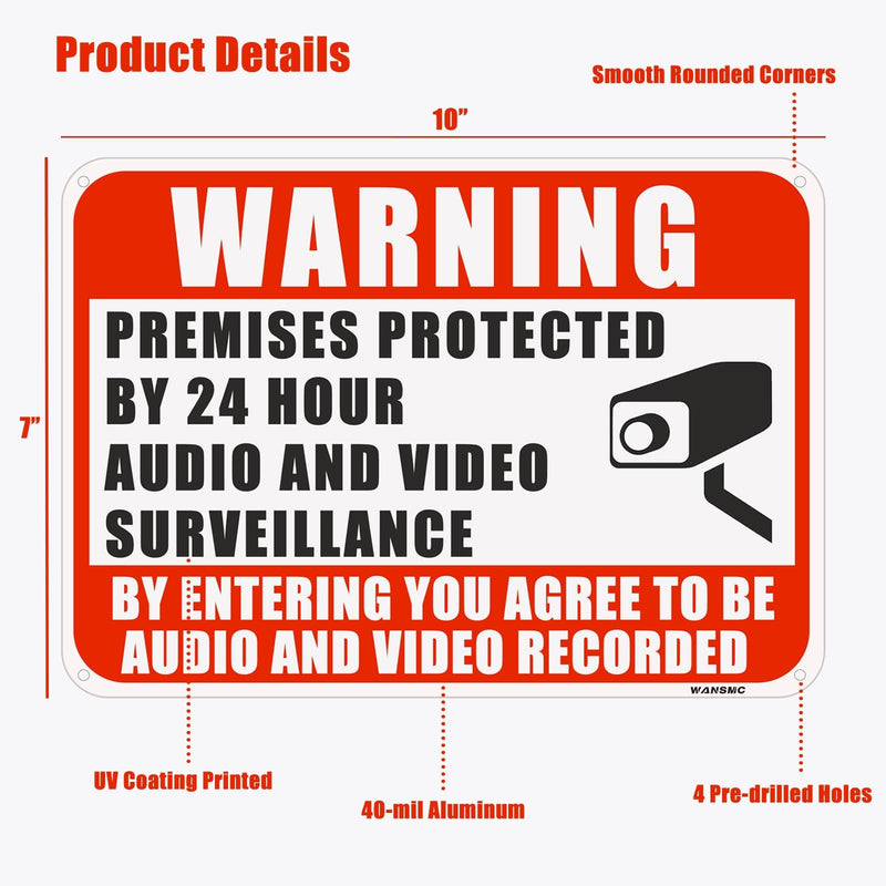 4PC Warning Premises Protected By 24 Hour Audio And Video Surveillance, 10 x 7 Inches - Aluminum - You are Being Recorded Camera In Use Monitoring Signs, Easy to Mount Red 4PC