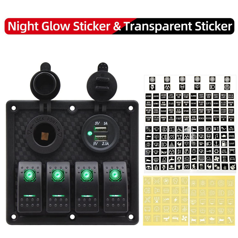 FXC Waterproof Marine Boat Rocker Switch Panel 4 Gang with Dual USB Slot Socket + Cigarette Lighter LED Light for Car Rv Vehicles Truck (4 Gang Green Light)