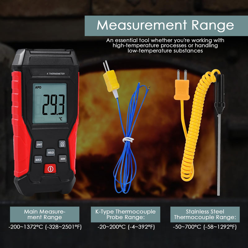 [Australia - AusPower] - Thermocouple Thermometer Digital K Type Thermometer, Thermocouple Tester(-328~2501℉) with 2 K-Type Thermocouples LCD Display Temperature Tester for K Type (Single Channel) 