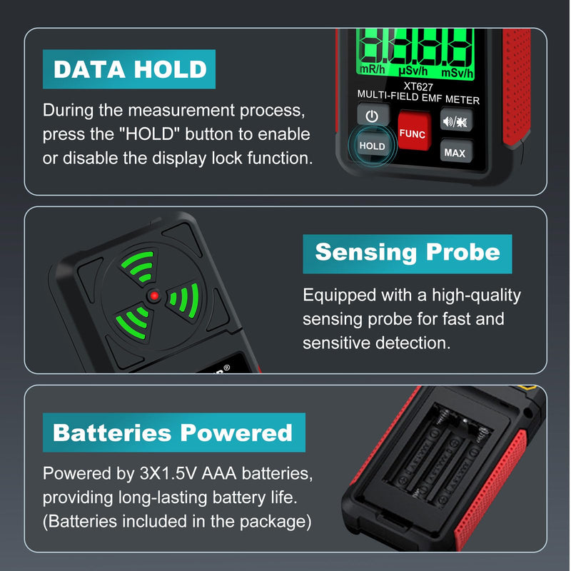[Australia - AusPower] - Xin Tester EMF Detector Meter 3-in-1 Digital Electromagnetic Radiation Magnetic Field Reader Tester, Home Outdoor Microwave Radioactive Ghost Hunting Cell Phone Towers WiFi Signal Detecting XT627 