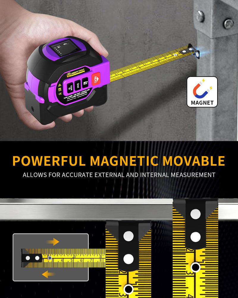 [Australia - AusPower] - 3 in 1 Digital Laser Tape Measure, 197ft/60m Laser Distance Meter, 16ft/5m Digital Tape Measure with Cross Line, AutoLock, ft/in/m Unit Switch, Measure Area, Volume, Pythagorean 