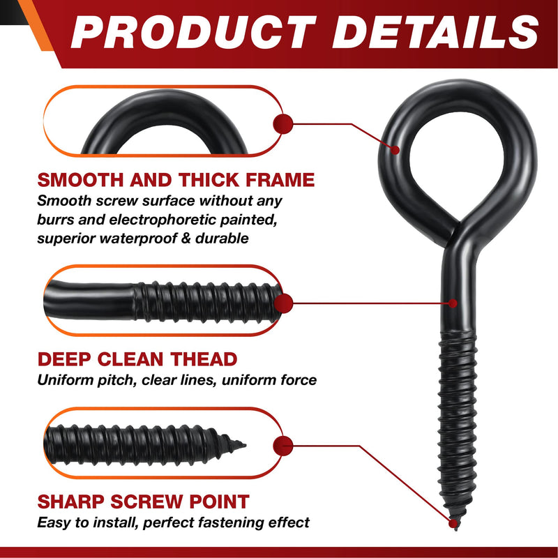 [Australia - AusPower] - 6 Inch Heavy Duty Black Screw Eyes Hooks, 700LBS Breaking Strength, 4PCS Self Tapping Eyelet Screw Eye Bolts, Screw in Eye Hooks for Wood Securing Cables Wire, Heavy Indoor & Outdoor Uses 