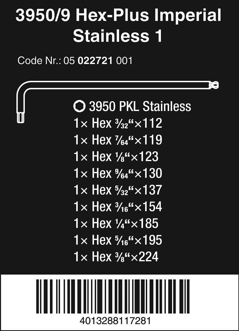 WERA Stainless Steel Imperial Hex Key Set w/Belt Pouch - 9 Pieces Classic