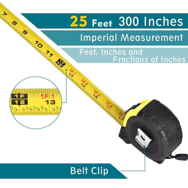 [Australia - AusPower] - Tape Measure 25 Ft - Metal Retractable Tape Measure with Fractions, Easy Read Steel Tape Measure, 1-inch Wide X 25 foot 25FT Inches with Fractions 