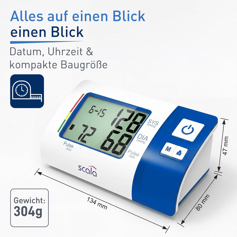 scala SC 7620 blue upper arm blood pressure monitor with compact design for home and on the go. Easy to reliably measure blood pressure independently. (L x B x H) 103 x 153 x 55 mm