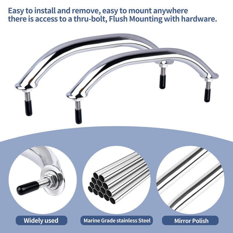 2PCS Boat Marine Grab Handle Polished Stainless Heavy Duty Round Tube Handrail with Flange & Stud - 8-1/4" Long