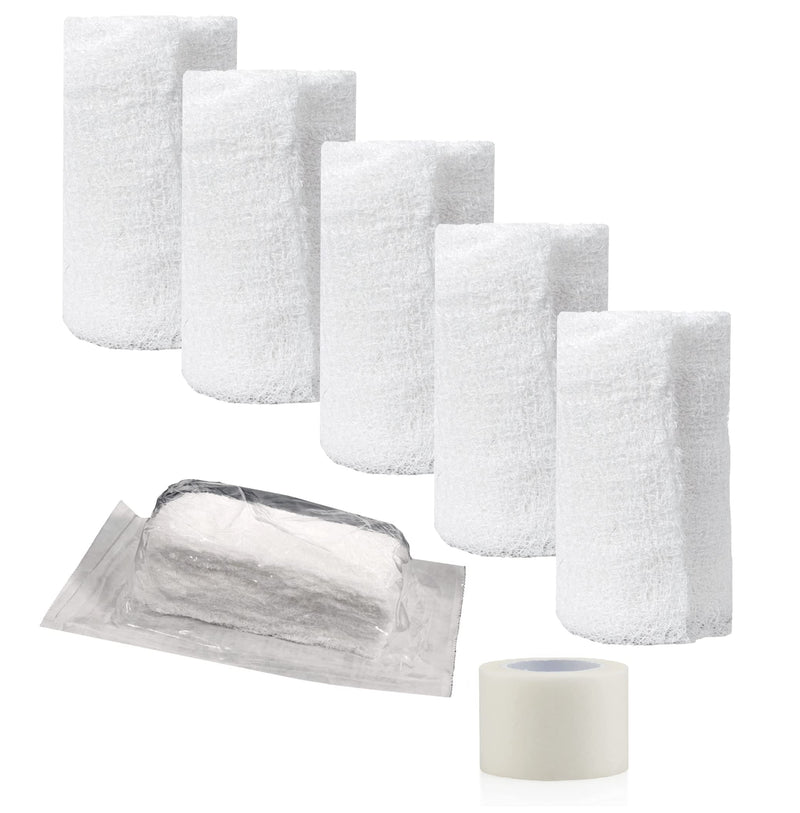 [Australia - AusPower] - Sterile Krinkle Kerlix Type Gauze Bandage Rolls [Pack of 5] Highly Absorbent Fluff 100% Cotton Bandages Roll 4.5"x4.1yds 6-Ply - Individually Wrapped Mesh Gauzes + 1 Roll of Vakly Medical Tape 
