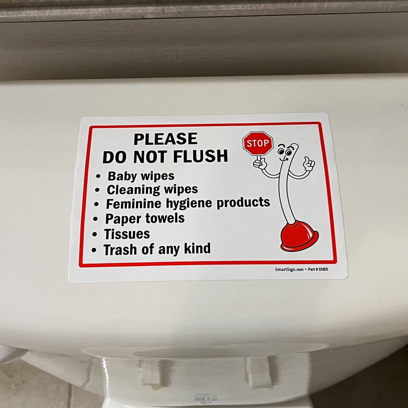[Australia - AusPower] - SmartSign 5 x7" Funny Please - Do Not Flush Wipes, Feminine Products, Paper Towels, Tissues, Trash Sticker Labels Pack of 4, 5 mil Laminated Polyester with SuperStick Adhesive, Red Black White 5" x 7" - SuperStick Label 