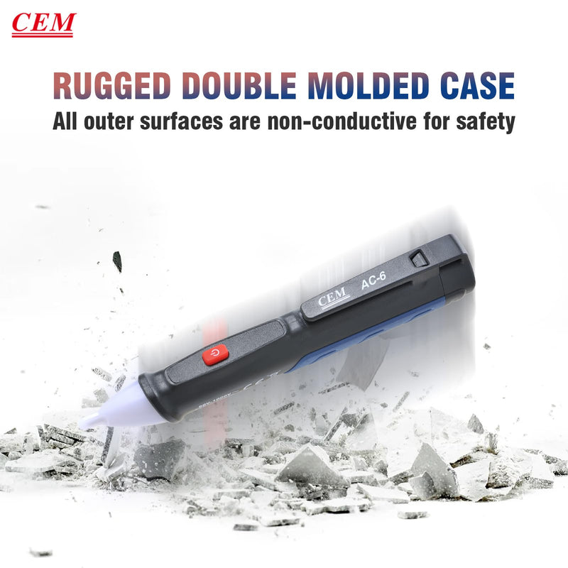 [Australia - AusPower] - Voltage Tester,CEM AC-6 Non-Contact Voltage Detector,Electrical Tester,AC,LCD Display in Percentage,Buzzer Alarm,Live Wire Tester,Wire Breakpoint Finder - Black-Built-in/External Battery (Random) 