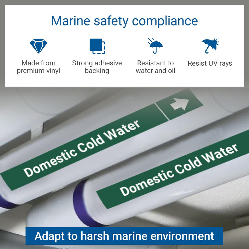 Marine Pipe Markers - Domestic Cold Water Safety Labels for Boat, Waterproof Self-Adhesive Pipe Identification Stickers, 1" H x 8" W, 25 Pcs/Roll (Domestic Cold Water)