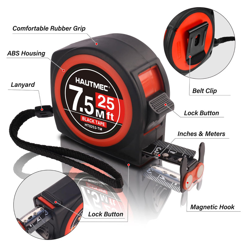 HAUTMEC Tape Measure25ft with Magnetic Hook and Dual Lock, High Carbon Steel Blade Measuring Tape with Clear Imperial Metric Scales for Construction Contractors HT0253 Pro 25ft