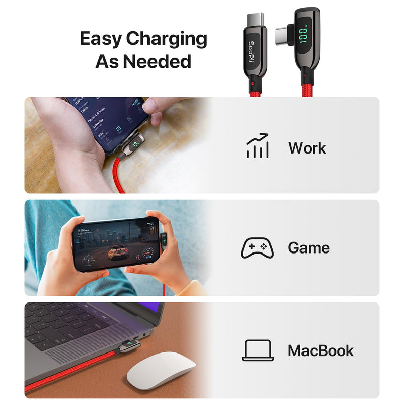 SOOPII 100W Right Angle USB C to USB C Cable,2Pack 10FT Zinc Alloy Case Nylon Braided Type-C Cable with LED Display for iPhone 17/16,lPad Air/Pro,MacBook Pro,Samsung S23/S22/S10,Pixel,LG,Red 2-Pack 10 ft Red