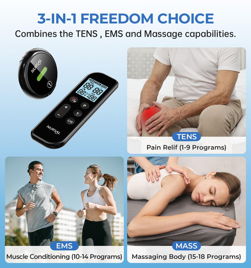 [Australia - AusPower] - NURSAL Wireless TENS Unit Muscle Stimulator, Dual Host TENS EMS Machine for Pain Relief, 18 Modes 20 Intensity Remote Control Pulse Physical Electrotherapy for Back Shoulder Pain (2 Pads) Black 