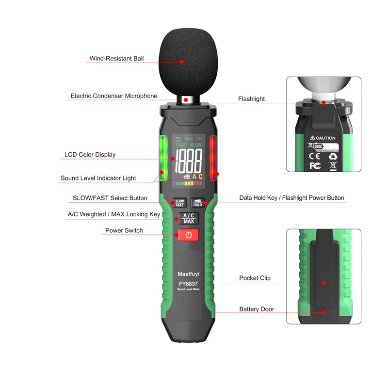 [Australia - AusPower] - Decibel Meter, Sound Level Meter 30-130 dB with A/C Weighted, Digital Audio Noise Measure Device, Portable SPL Meter with LCD Color Display, Data Hold, MAX Hold, Flashlight for Home Office Black 