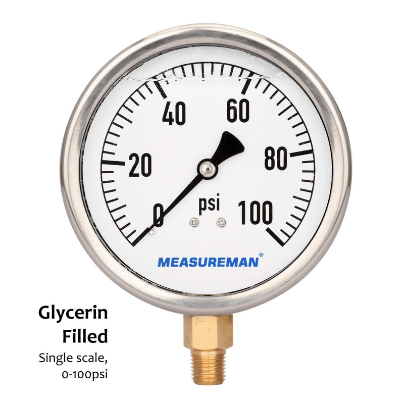 [Australia - AusPower] - MEASUREMAN 4" Dial Size, Glycerin Filled Plumbing Pressure Gauge, 0-100psi, Stainless Steel Case, 1/4"NPT Lower Mount 