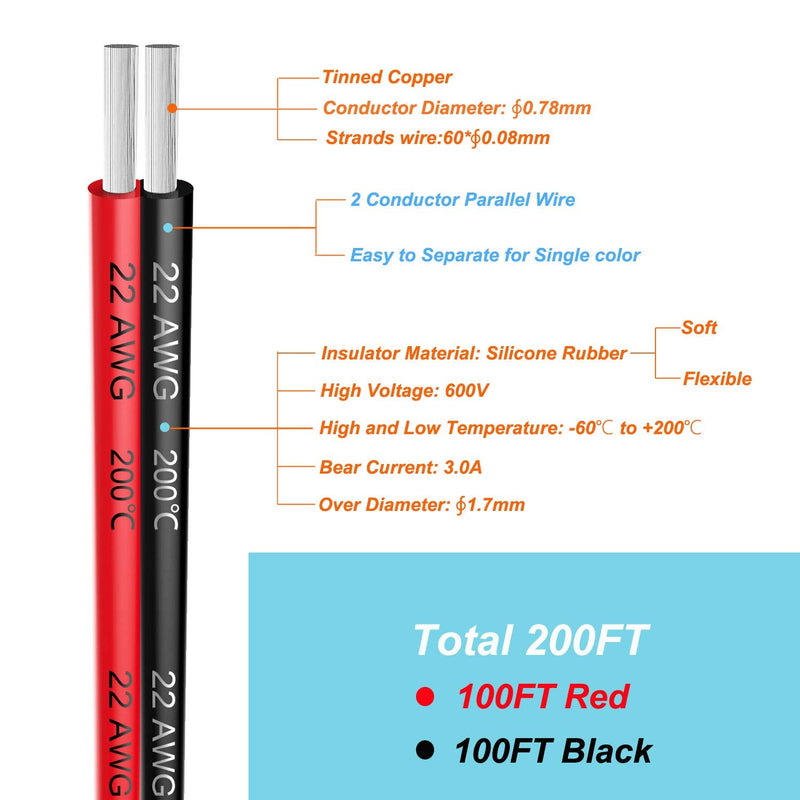 [Australia - AusPower] - 22 awg Silicone Electrical Wire 2 Conductor Parallel Wire line 200ft [Black 100ft Red 100ft] 22 Gauge Soft and Flexible Hook Up Oxygen Free Stranded Tinned Copper Wire 22awg/0.3mm² 