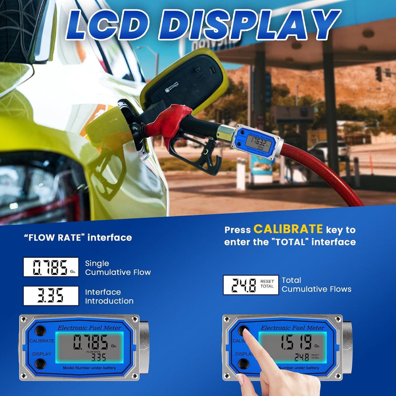 Fuel Meter 3/4 Inches, Digital Turbine Fuel Flow Meter 2.5-31 GPM Aluminum Alloy Engineered, Industrial Grade Fuel Transfer Meter for Water, Diesel, Gas Oil, Gasoline, Supports Gallon, QTS, PTS, L, m³ 3/4 inch Silver