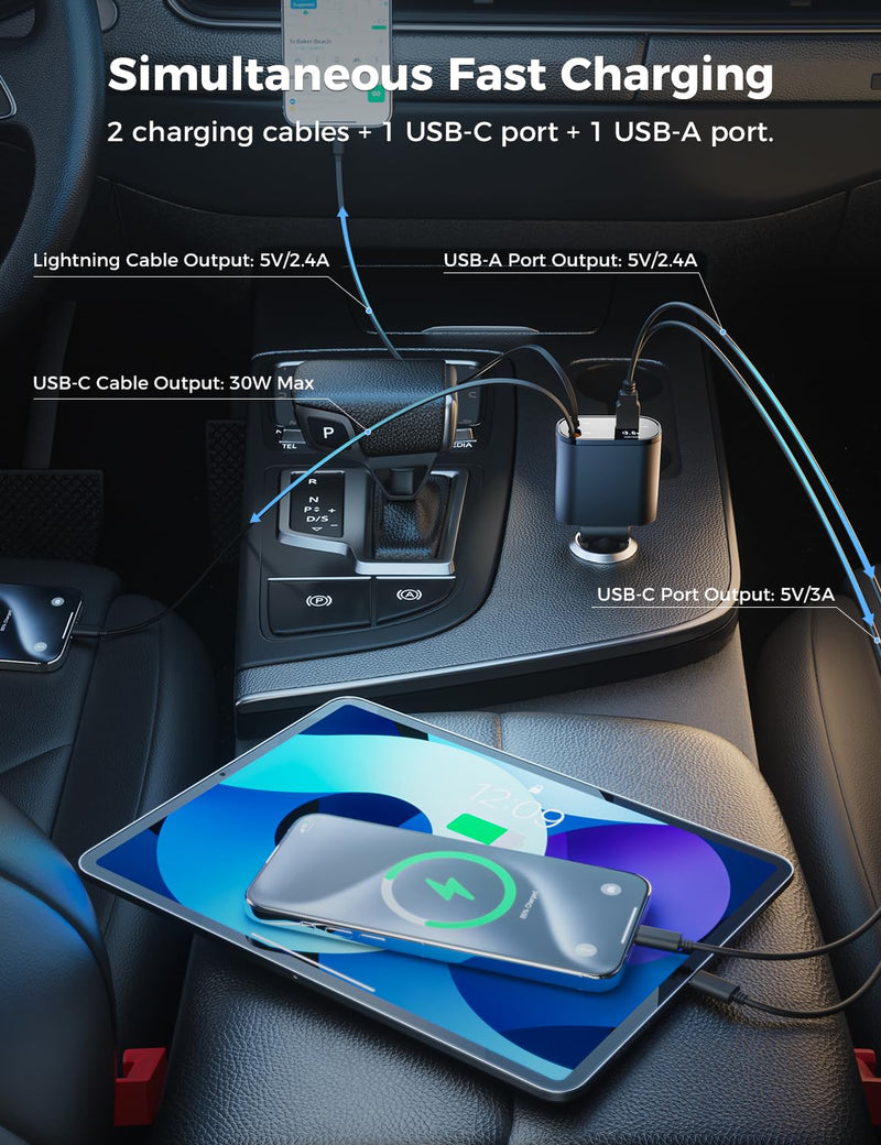 [Australia - AusPower] - 【Upgraded】 SUPERONE Retractable Car Charger 4 in 1, Fast Car Phone Charger with Cord 2.6ft, USB C and Lightning Car Charger Adapter, Compatible with iPhone 15/15 Pro Max/14/13/12/11, Galaxy, Pixel Black 