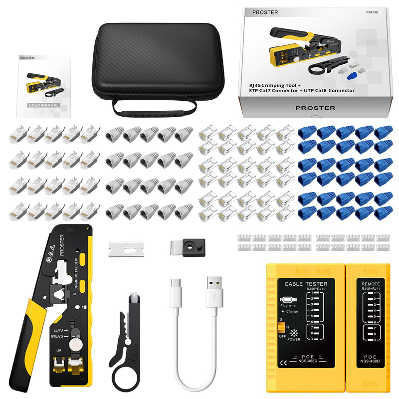 Proster RJ45 Crimp Tool - Cat7 Crimping Tool for 8P RJ45 CAT5/6/7 & 6P RJ11 RJ12 Connector with Rechargeable Network Cable Tester, CAT7 Gold Plated STP Connectors & UTP CAT6 Connectors Cat7 Yellow