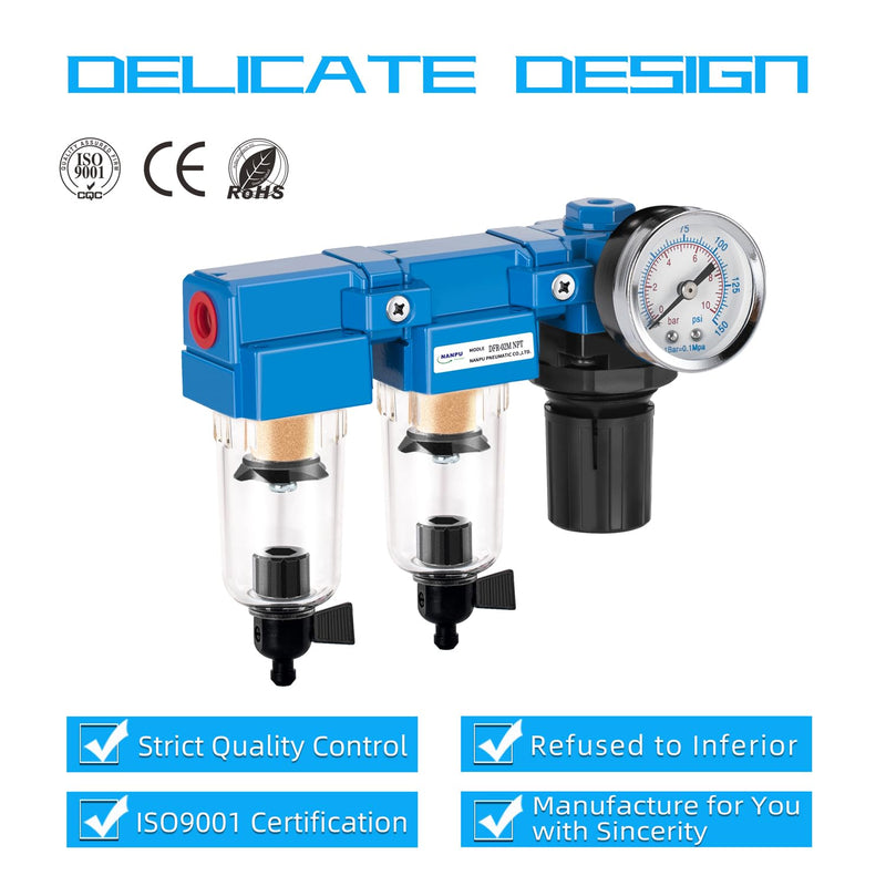 [Australia - AusPower] - NANPU 1/4" NPT Air Drying System - Double Air Filters, Air Pressure Regulator Combo - Manual Drain, Poly Bowl - DFR-02M 