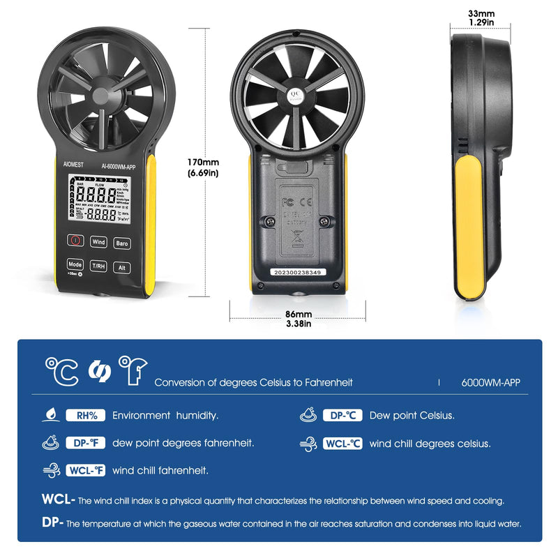 AIOMEST 6000WM-APP Digital Anemometer Handheld Wind Meter Wind Meter CFM Wind Speed Meter with MAX/MIN/AVG for Wind Speed Temperature Wind Chill Tester, HVAC