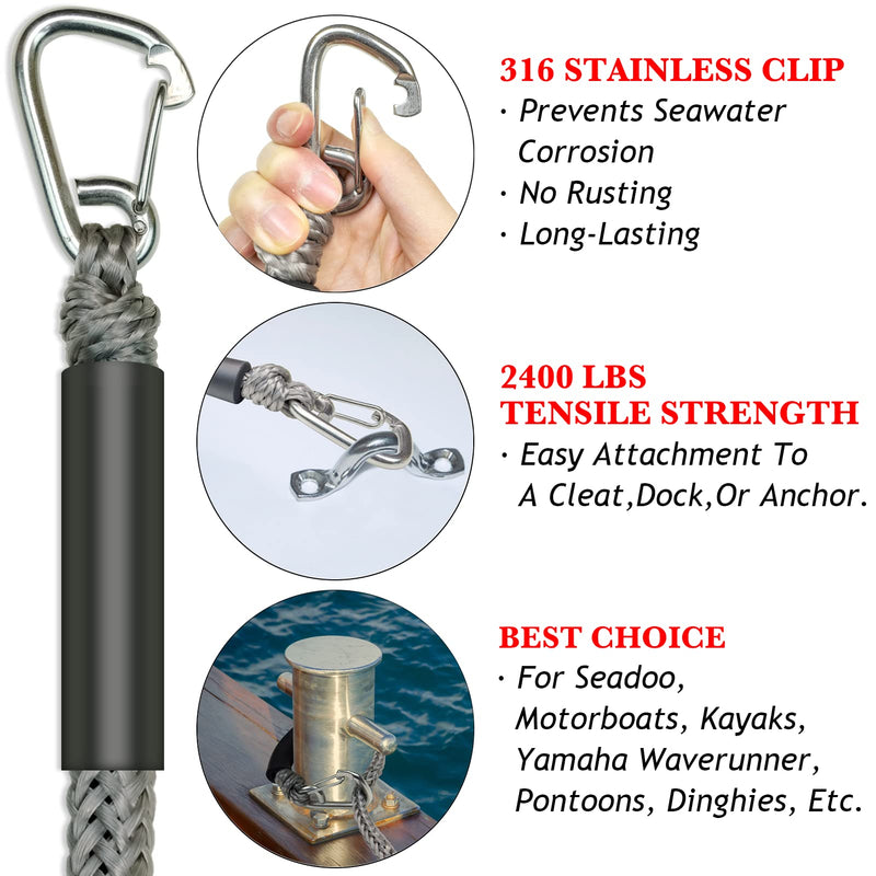 4FT Premium Boat Bungee Dock Lines Jet Ski Accessories with Marine Grade 316 Stainless Clip Safely Mooring for Jet Ski, SeaDoo, Yamaha WaveRunner, Kayak, Pontoon Boat, Dinghy 4~5.5ft 4 Feet Grey