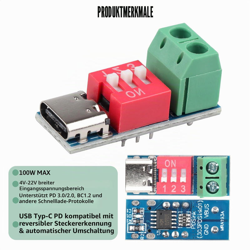 Pack of 5 USB-C PD Trigger Board Module, PD/QC Decoy Board with DIP Switch, USB-C to 5V 9V 12V 15V 20V Power Delivery Boost Module Compatible with PD 3.0/2.0 and QC