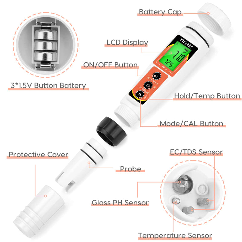 [Australia - AusPower] - PH Meter, Digital 4 in 1 PH EC TDS Temp Meter for Water Hydroponics, Waterproof DWC PH and EC PPM Water Tester with Backlit for Nutrients Growing, Indoor Garden, Home Brewing, Pool, Aquarium pH Meter 