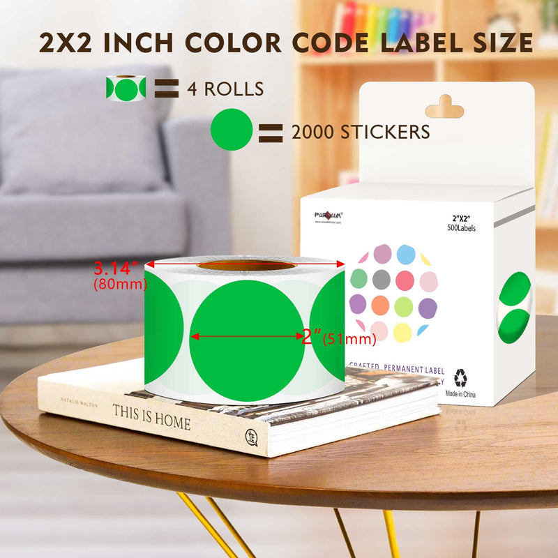 PARLAIM 2 inch Round Color-Code Dot Sticker Labels, 4 Rolls 2000 Adhesive Label Pack in Dispenser Box, Green 4 Rolls-2000PCS