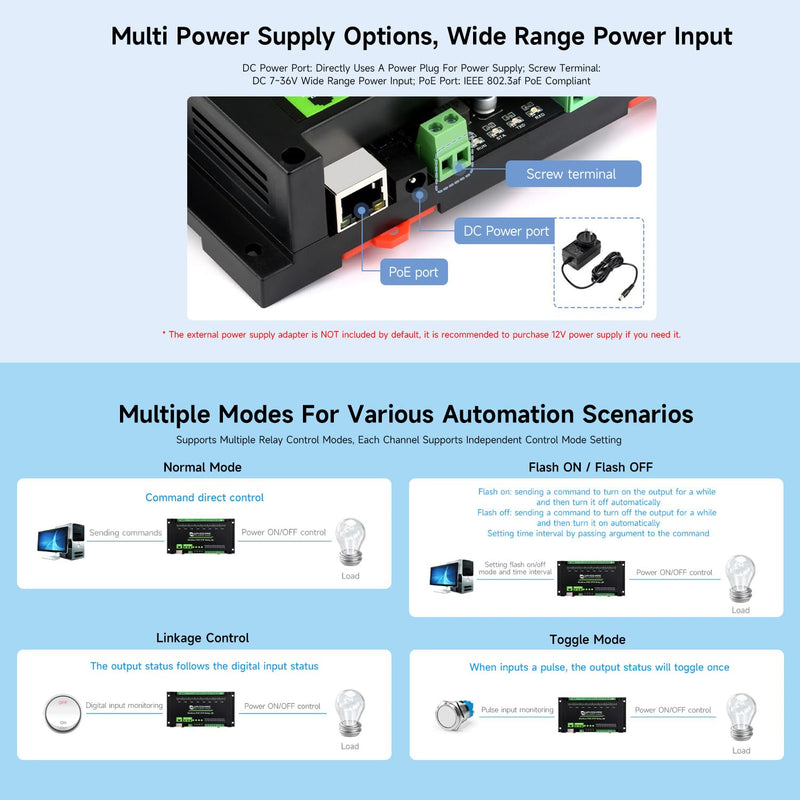 Waveshare 8-Ch Ethernet Relay Module (B) with Digital Input, Modbus RTU/Modbus Protocol, PoE Port Communication, with Various Isolation and Protection Circuits, Industrial Grade Rail-Mount Case