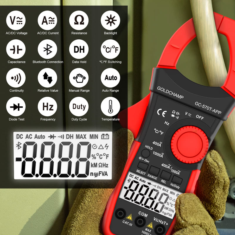 [Australia - AusPower] - Digital Clamp Meter Multimeter 4000 Counts Amp Voltage Tester with APP, Capacitance, Voltage, Resistance, True RMS AC Current, Diode Test, Audible Continuity, Temperature, Non-Contact Multimeter - Red 