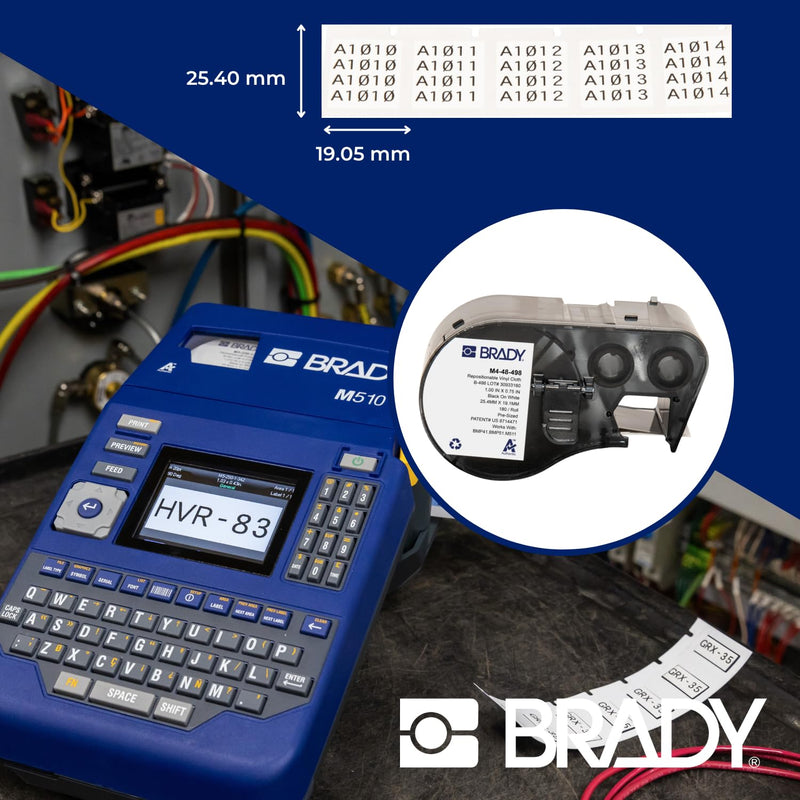 Brady Authentic (M4-48-498) Repositionable Multi-Purpose Vinyl Cloth Labels 0.75" H x 1" W Black on White, 180 Labels. for use with The BMP41, BMP51, and M511 Label Printers