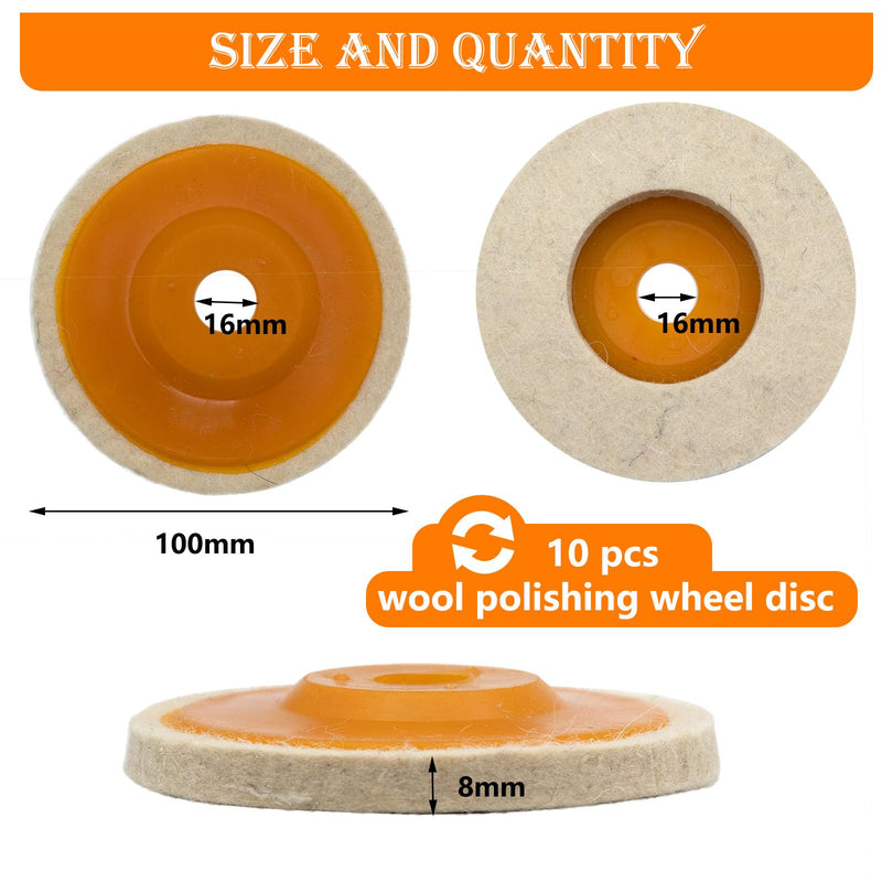 10 Pcs 4 Inch Wool Felt Polishing Wheel Disc,Wool Polishing Wheel Disc for 5/8" Arbor Angle Grinder, for Metal Aluminum,Stainless Steel, Chrome, Jewelry, Wood, Plastic, Ceramic, Glass 10pcs 4"